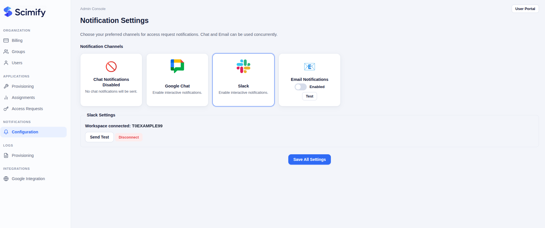 Notification channel settings — Google Chat, Slack, Email