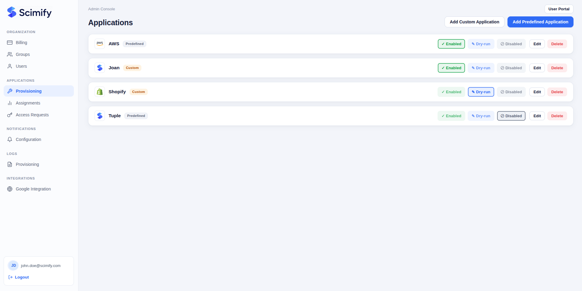 Scimify admin console — application provisioning