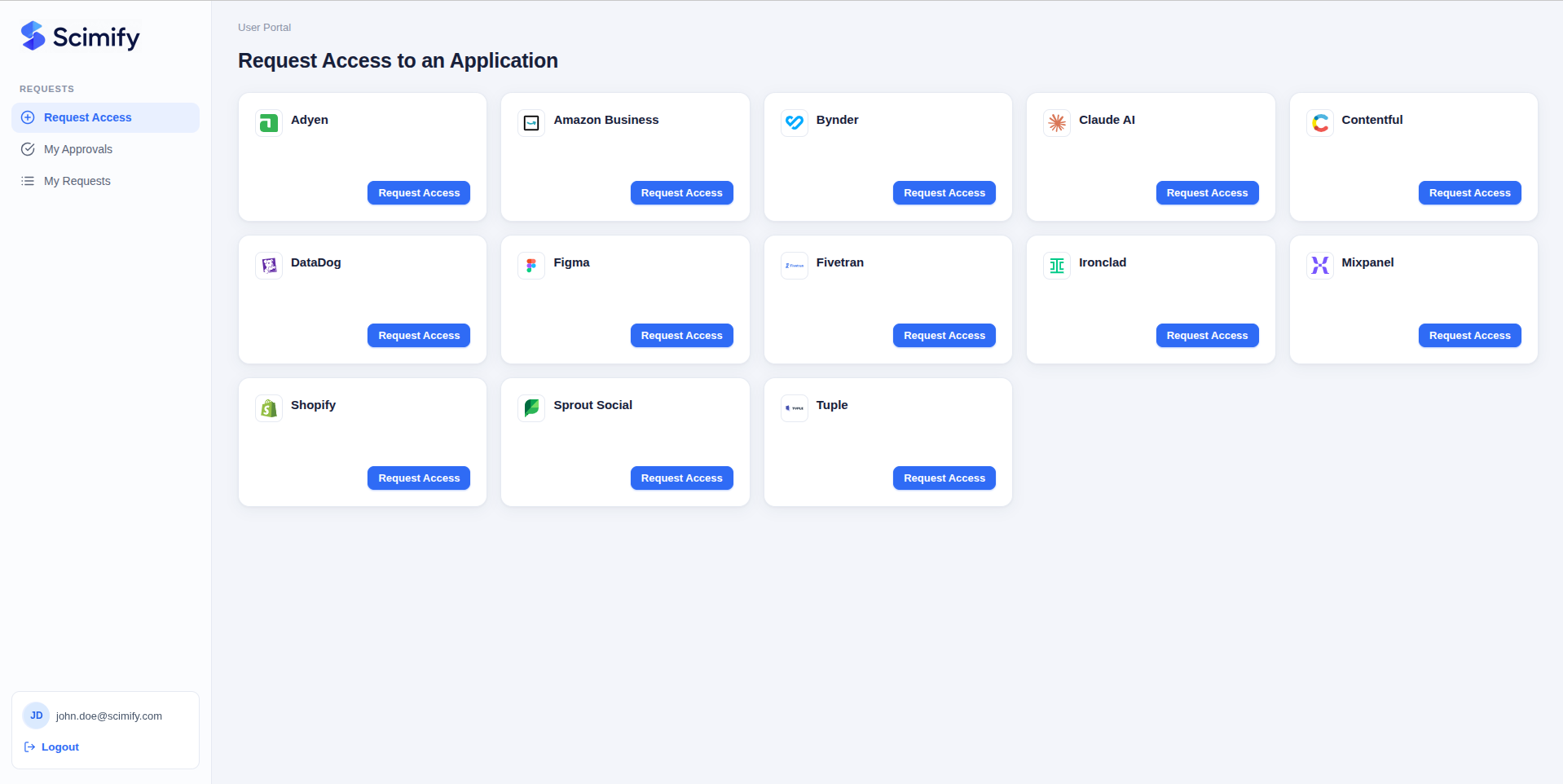 Scimify user portal — request access to an application
